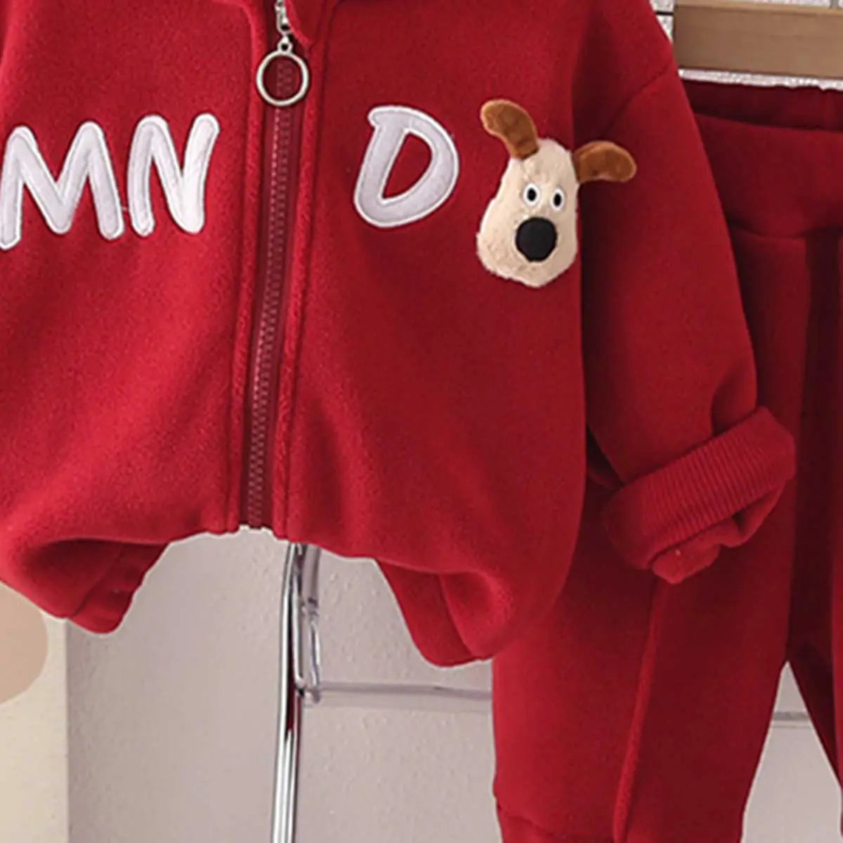 Boys Red Letters Embroidered Fleece Hooded Zipper Jacket With Jogger Co-ord Sets Sets
