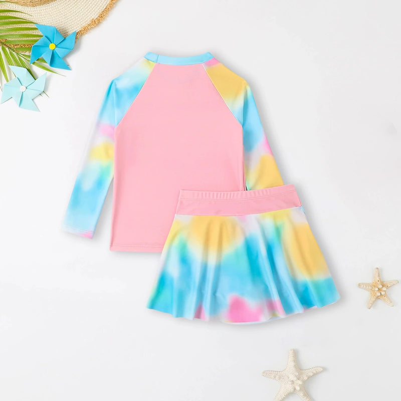 Girls Light Blue Typographic Printed T-Shirt With Skirt Swimwear Sets Sets