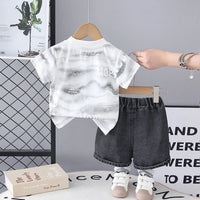 Boys White Typographic Print T-Shirt With Denim Shorts Sets Sets