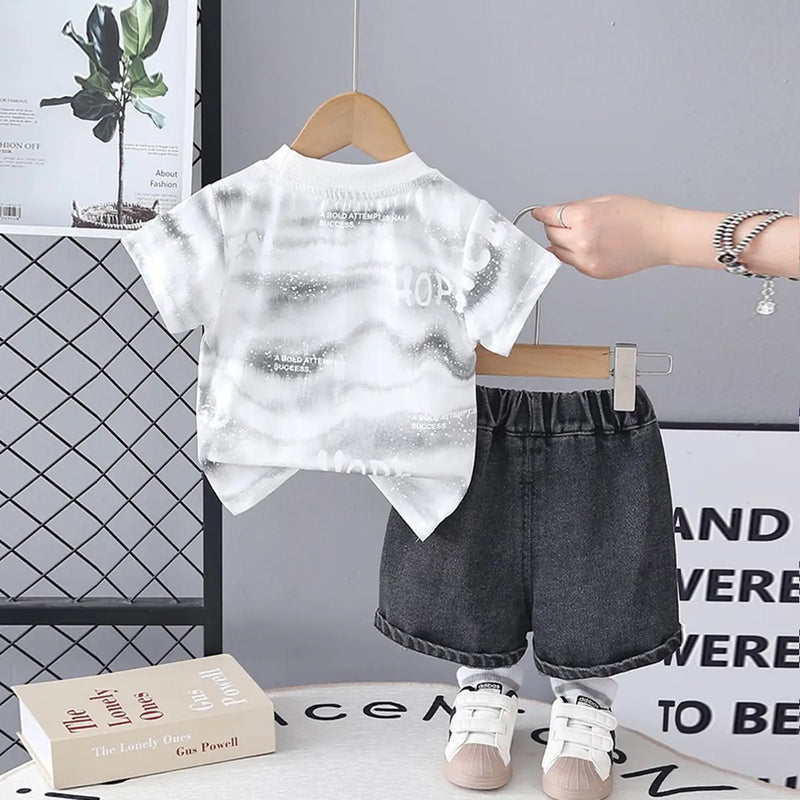 Boys White Typographic Print T-Shirt With Denim Shorts Sets Sets