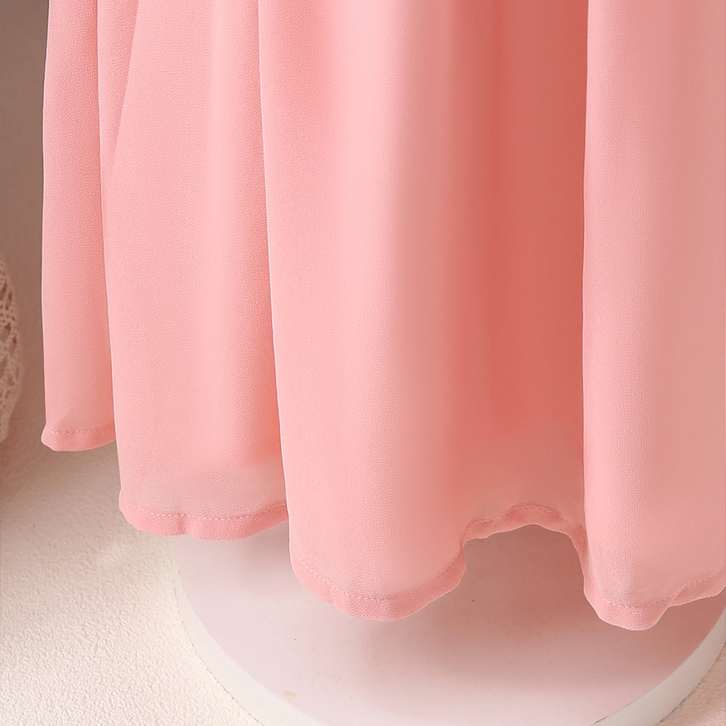 Girls Peach Solid Laced Short Sleeves Drop Waist Dress Casual Dresses