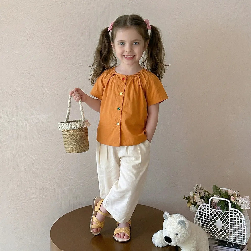 Girls Bright Orange Puff Sleeve Button-Down Top With Pants Sets Sets Orange 1-2 Y
