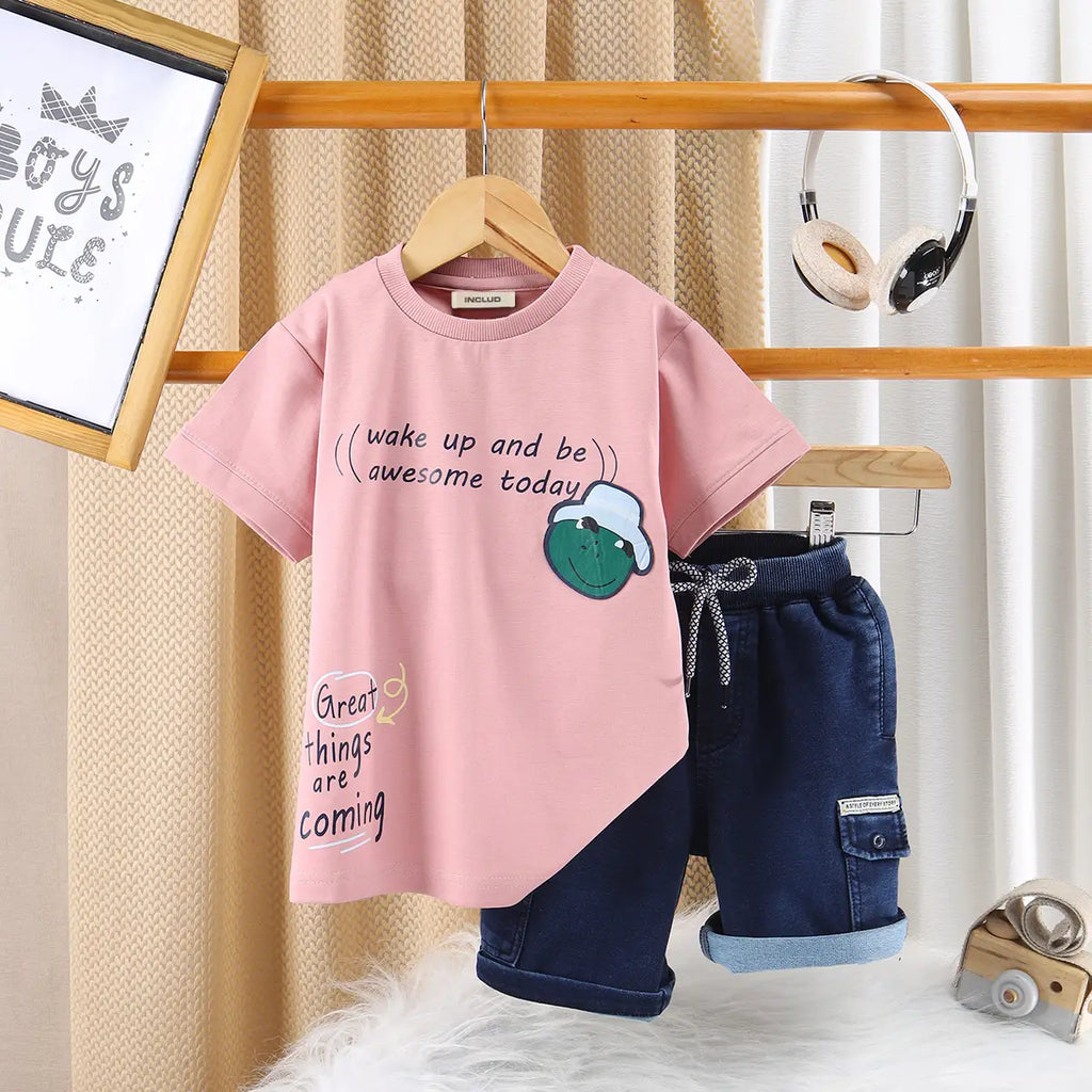 Boys Peach Graphics Short Sleeve T-Shirt With Denim Shorts Sets 2 pc. Sets Peach 2-3 Y