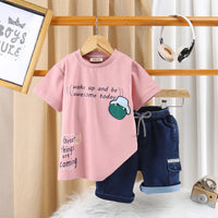 Boys Peach Graphics Short Sleeve T-Shirt With Denim Shorts Sets 2 pc. Sets Peach 2-3 Y