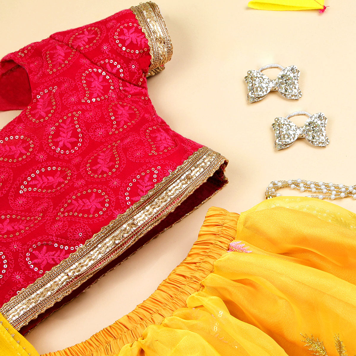 Girls Fuchsia Sequins Choli with Amber Embroidered Lehenga Set Ethnicwear Girls