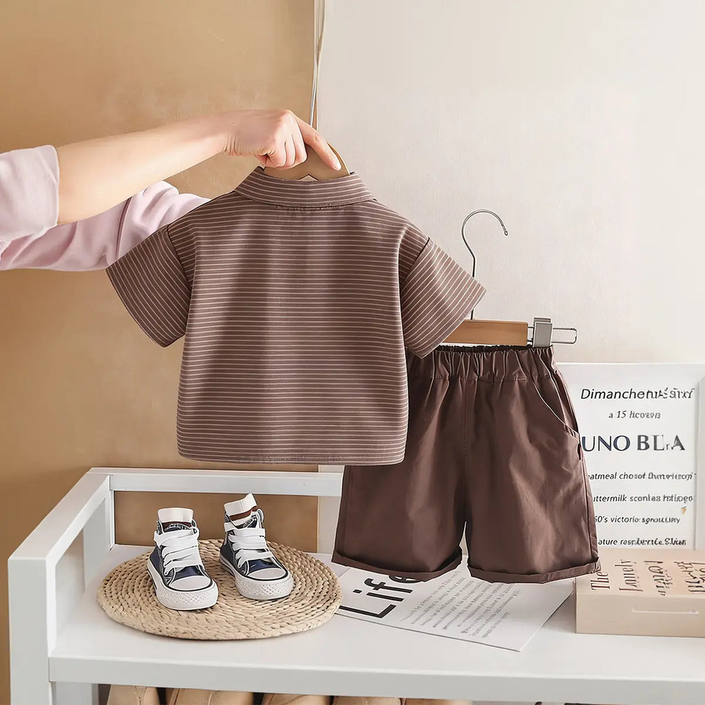 Boys Brown Striped Button-Down Shirt With Shorts Sets Sets