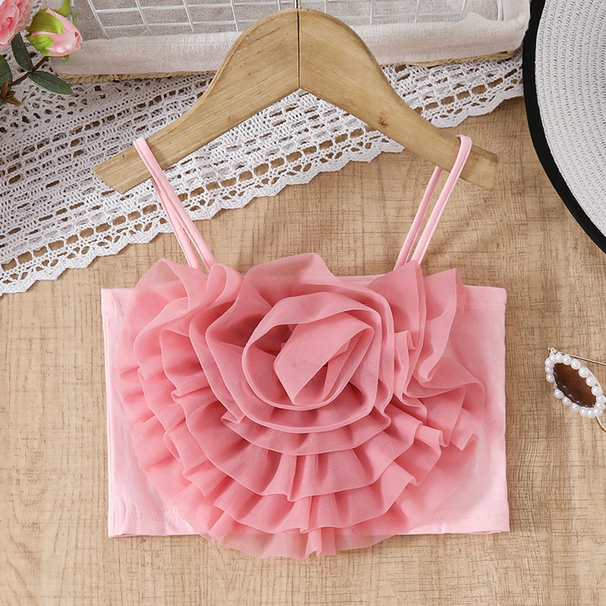 Girls Pink Large Flower Applique Crop Top With Denim Shorts Set Sets
