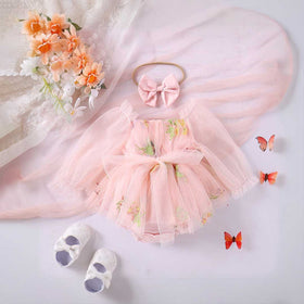 Girls Embroidered Puff Sleeves Romper Dress Casual Dresses   