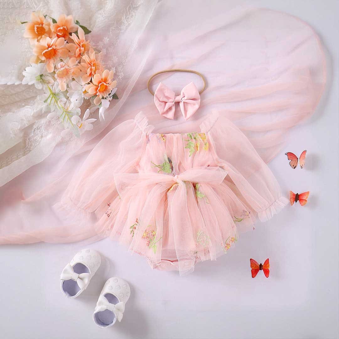 Girls Embroidered Puff Sleeves Romper Dress Casual Dresses   