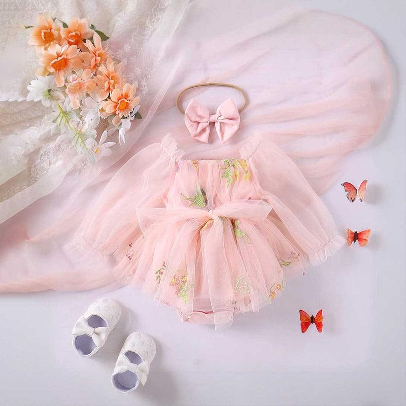 Girls Embroidered Puff Sleeves Romper Dress Casual Dresses   