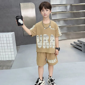 Boys Khaki Typographic Printed Short Sleeves T-Shirt With Shorts Co-ord Sets Sets