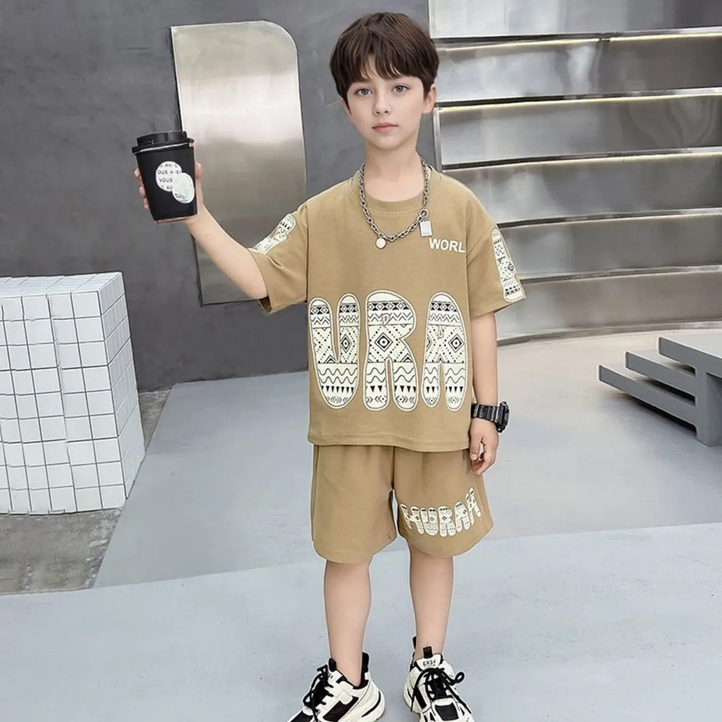 Boys Khaki Typographic Printed Short Sleeves T-Shirt With Shorts Co-ord Sets Sets