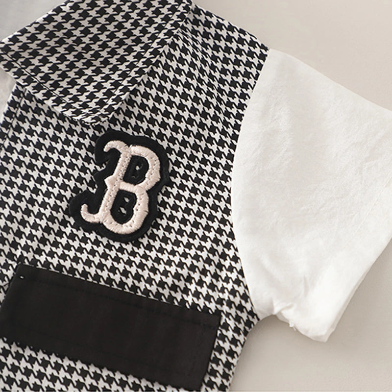 Boys Black Houndstooth Fake waistcoat Shirt With Shorts Sets Sets