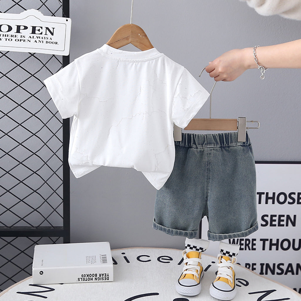 Boys White Short Sleeve Printed T-Shirt With Neck Chain And Denim Shorts Set 3 pc. Sets