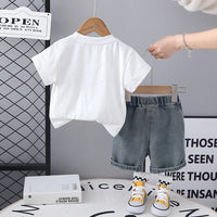 Boys White Short Sleeve Printed T-Shirt With Neck Chain And Denim Shorts Set 3 pc. Sets