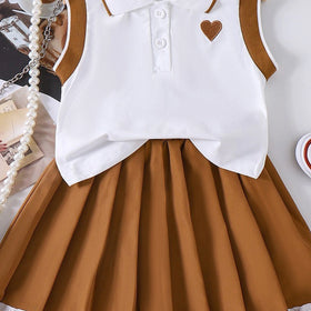 Girls Heart Embroidered Polo Top With Brown Pleated Skirt Sets 2 pc. Sets