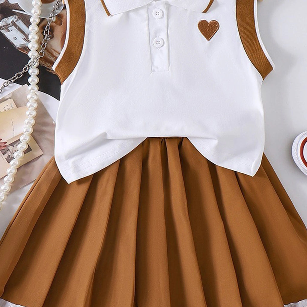 Girls Heart Embroidered Polo Top With Brown Pleated Skirt Sets 2 pc. Sets