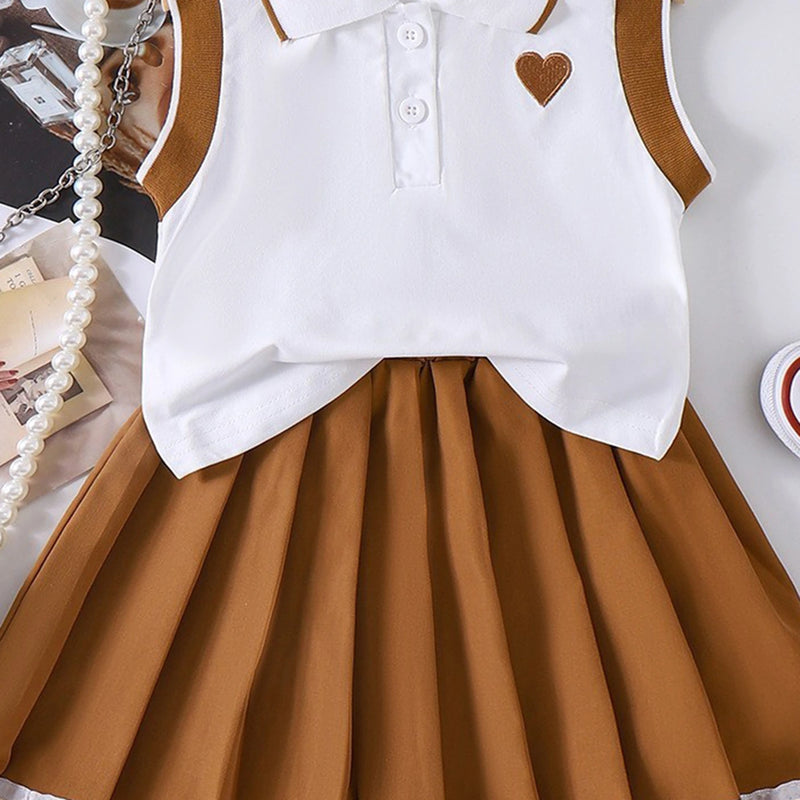 Girls Heart Embroidered Polo Top With Brown Pleated Skirt Sets 2 pc. Sets