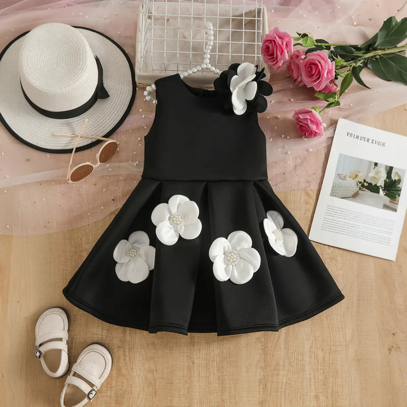 Girls Black Sleeveless Fit & Flare Party Wear Dress With Delicate Floral Appliques Party Dresses Black 2-3 Y