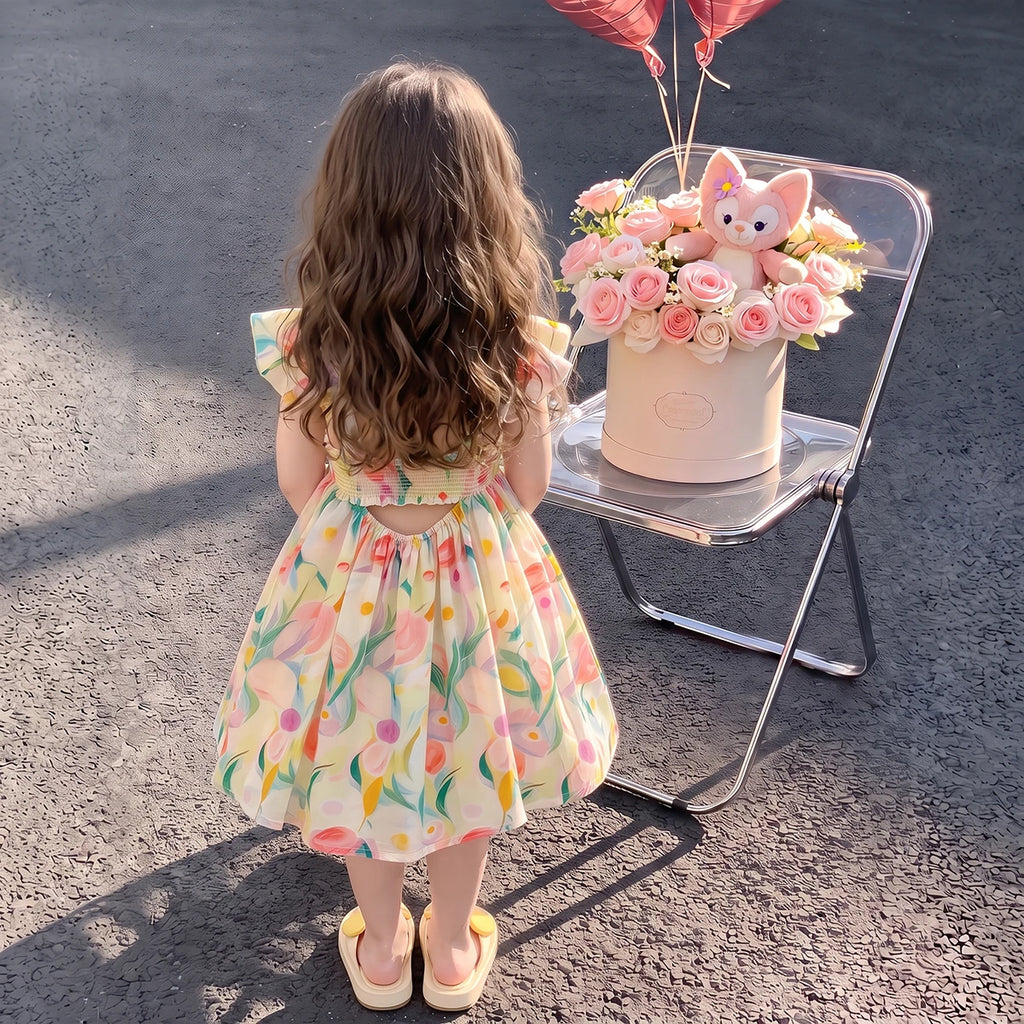 Girls Apricot Floral Print Flutter Sleeve Fit & Flare Dress Casual Dresses