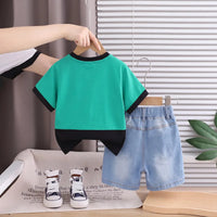 Boys Green Graphic Printed Short Sleeve T-Shirt With Denim Shorts Sets 2 pc. Sets