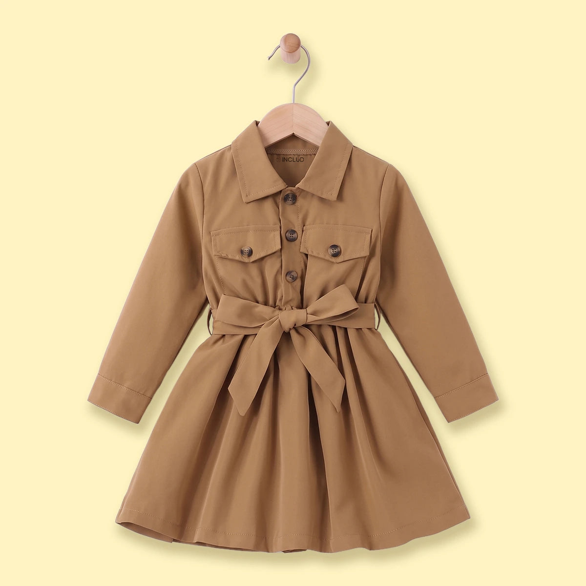 Girls Khaki Long Sleeves Shirt Dress Casual Dresses Khaki 3-4 Y
