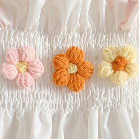 Girls White 3D Flowers Applique Smocked Top With Pant Sets Sets