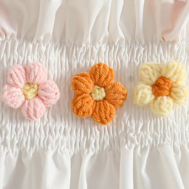 Girls White 3D Flowers Applique Smocked Top With Pant Sets Sets