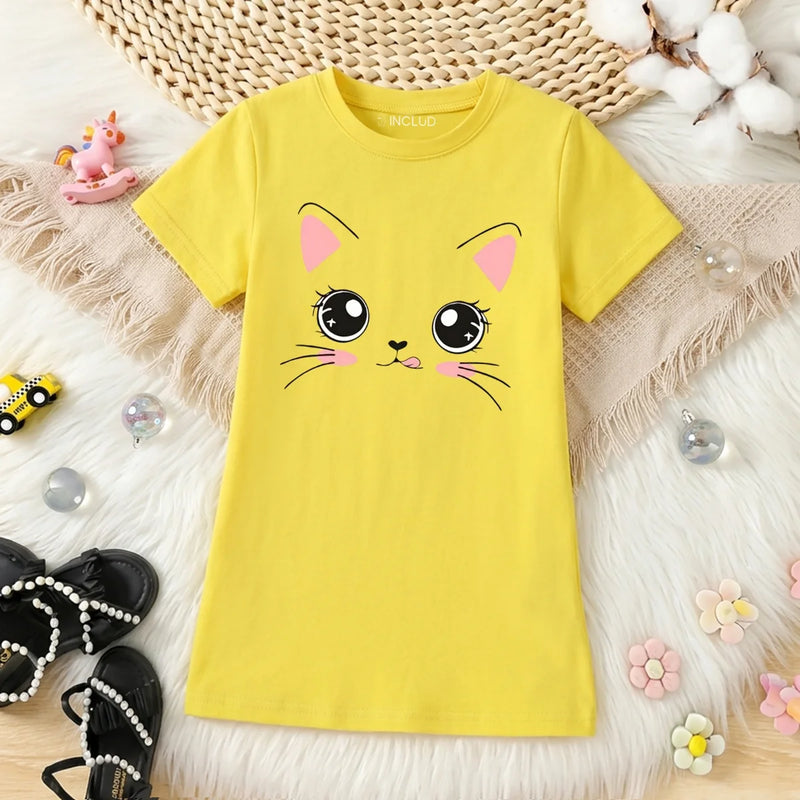 Girls Yellow Cat Graphic Short Sleeve T-Shirt Dress Casual Dresses Yellow 4-5 Y