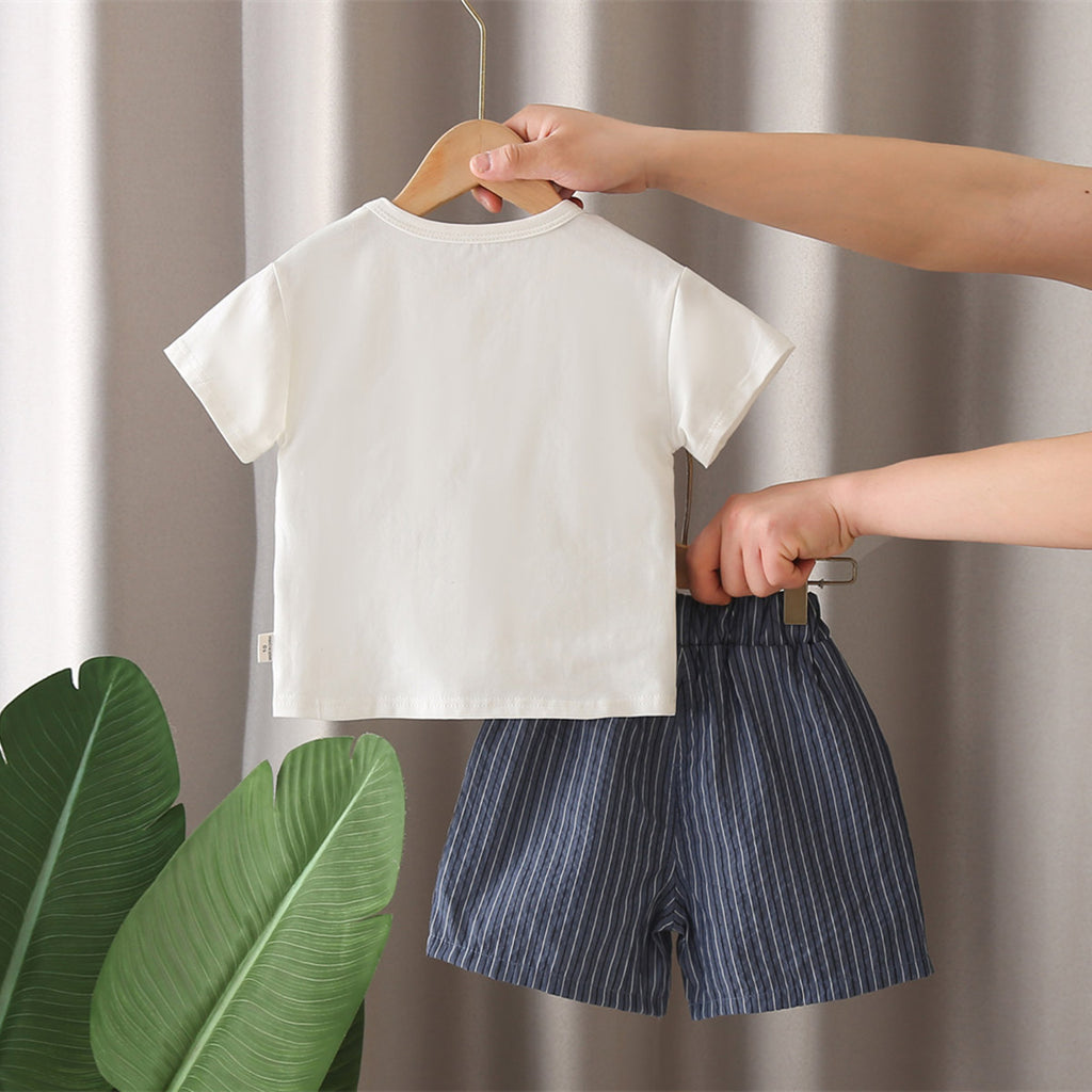 Boys Blue Striped Shorts with Short Sleeves T-shirt with attached Waistcoat Set Sets