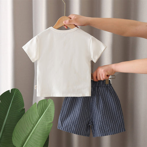 Boys Blue Striped Shorts with Short Sleeves T-shirt with attached Waistcoat Set Sets