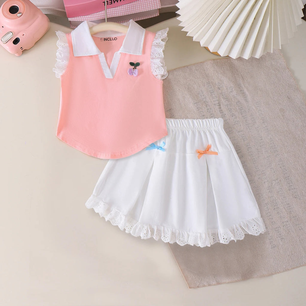 Girls Peach Cherry Applique Polo Top With Elasticated Skirt Sets 2 pc. Sets Peach 2-3 Y