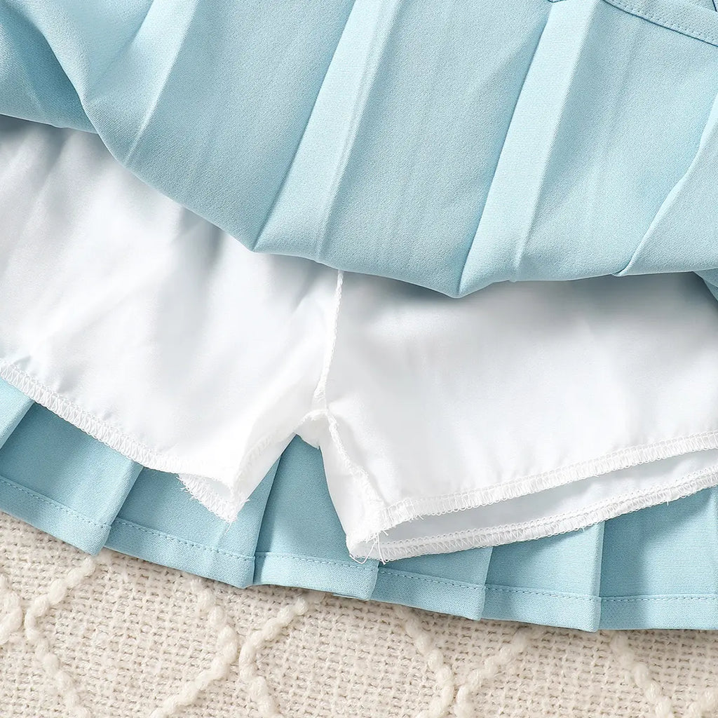 Girls Light Blue Flower Applique Jacket With T-Shirt & Skirt Sets Sets