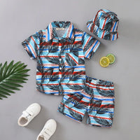 Boys Sky Blue Tropical Print Button-Down Shirt With Shorts & Hat Co-ord Sets Sets Sky Blue 2-3 Y