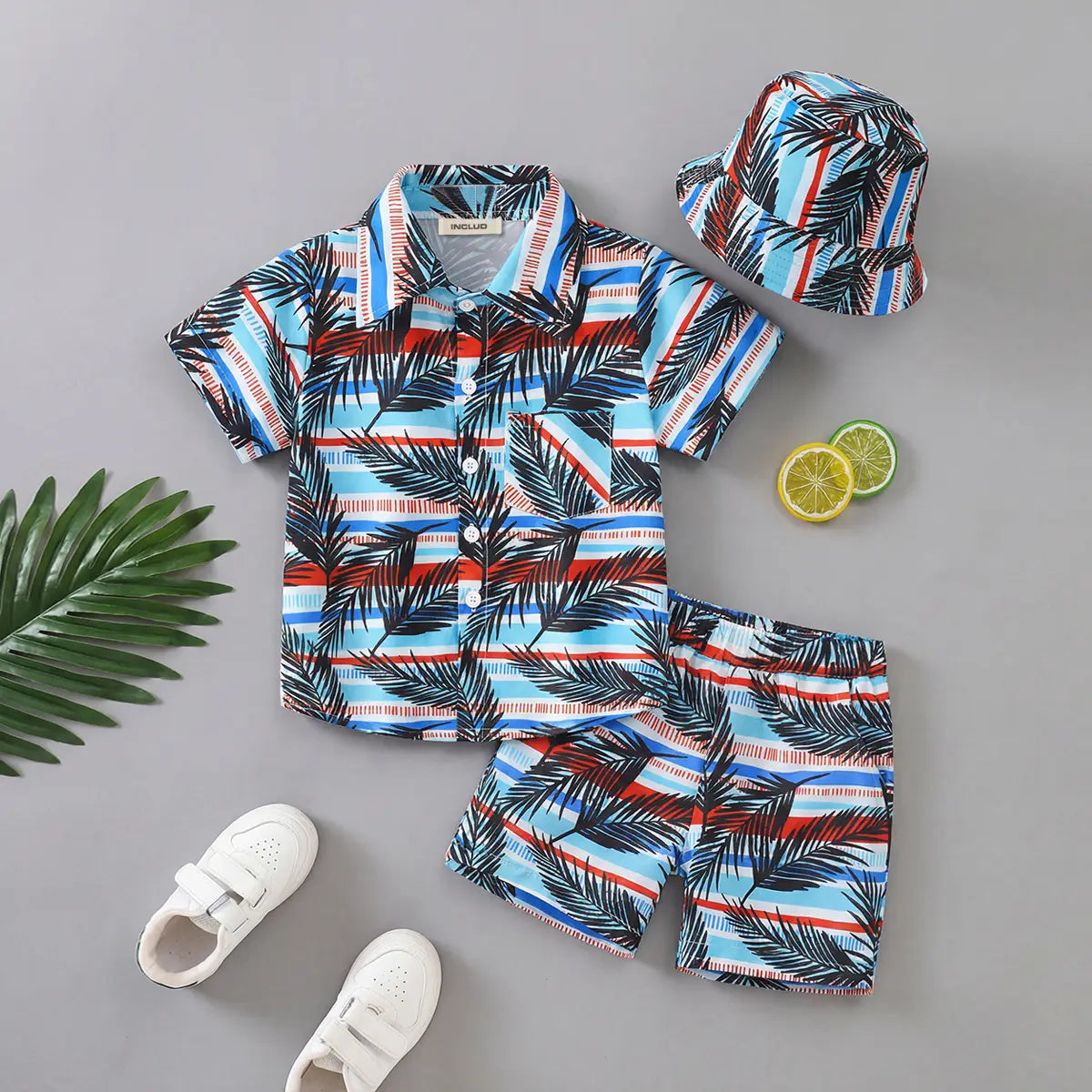Boys Sky Blue Tropical Print Button-Down Shirt With Shorts & Hat Co-ord Sets Sets Sky Blue 2-3 Y