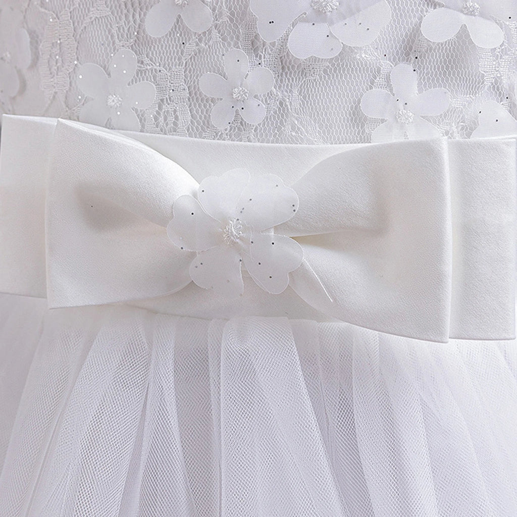 Girls White Floral Applique Sleeveless Tutu Party Wear Dress Party Dresses
