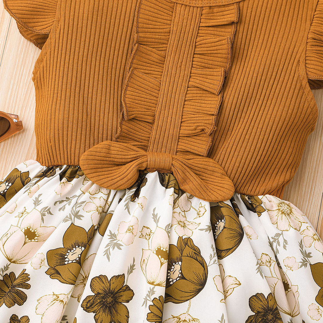 Girls Brown Flared Sleeve Floral Printed Fit & Flare Dress Casual Dresses
