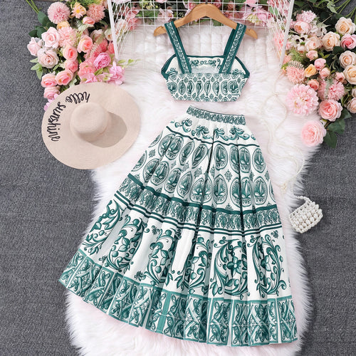 Girls Green Ethnic Print Sleeveless Top With Skirt Sets 2 pc. Sets