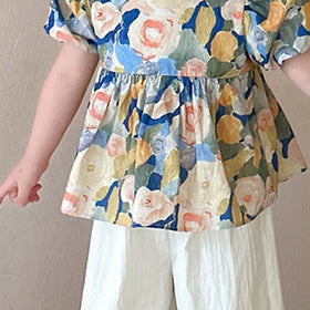 Girls Yellow Floral Print Puff Sleeve Top With Pants Sets Sets