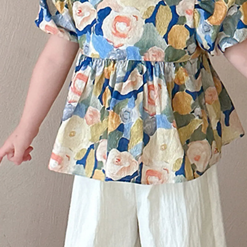Girls Yellow Floral Print Puff Sleeve Top With Pants Sets Sets
