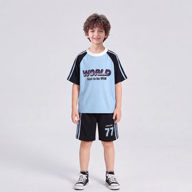 Boys Blue Typography Print Raglan Sleeve T-Shirt With Shorts Sets 2 pc. Sets Blue 1-2 Y