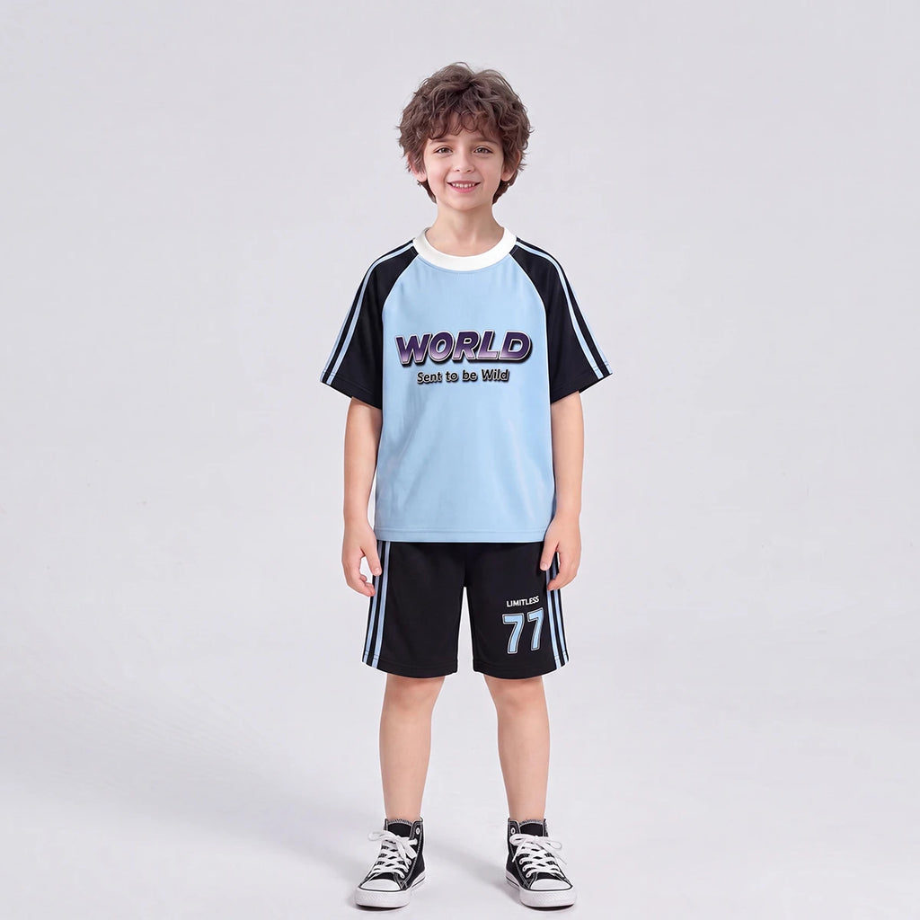 Boys Blue Typography Print Raglan Sleeve T-Shirt With Shorts Sets 2 pc. Sets Blue 1-2 Y