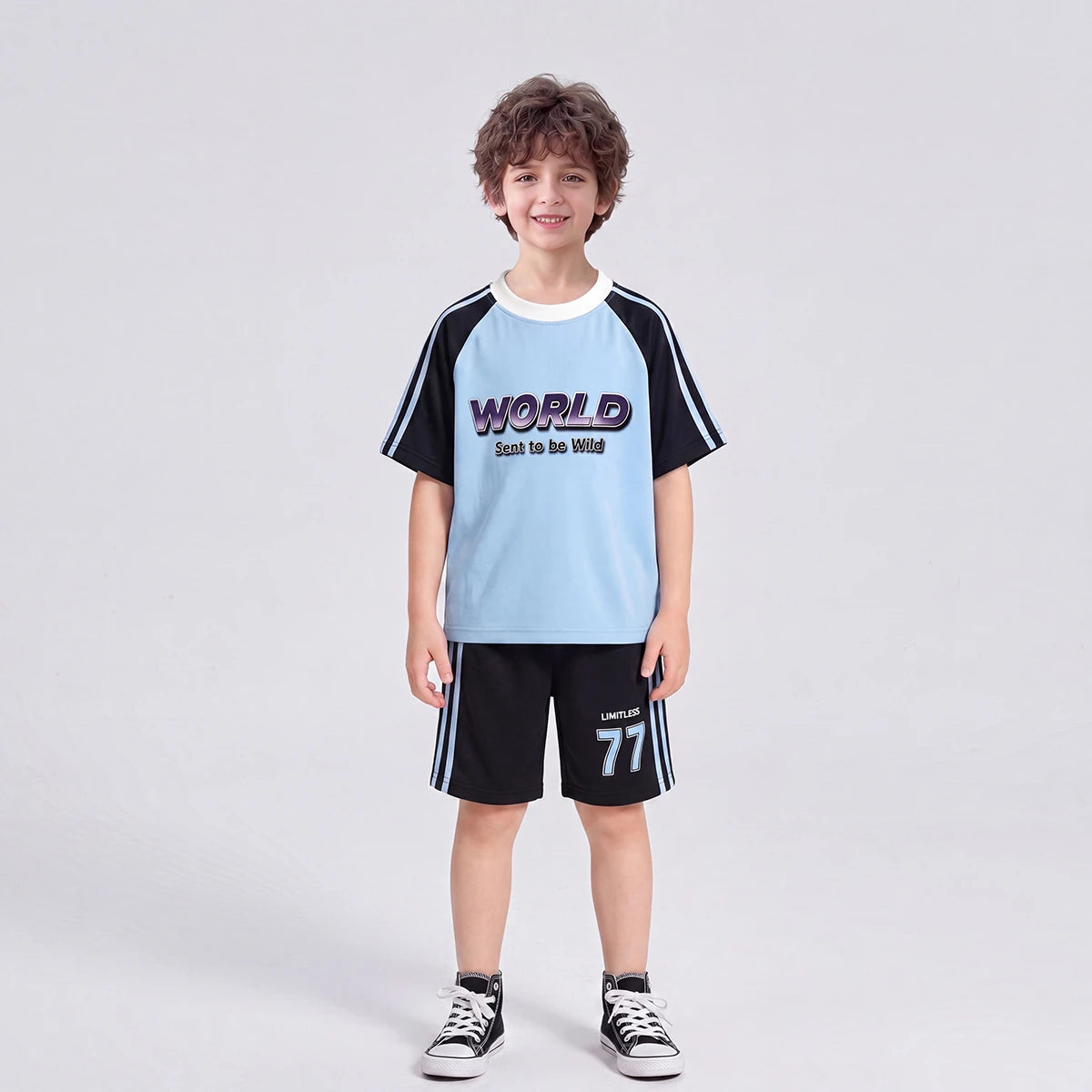 Boys Blue Typography Print Raglan Sleeve T-Shirt With Shorts Sets 2 pc. Sets Blue 1-2 Y