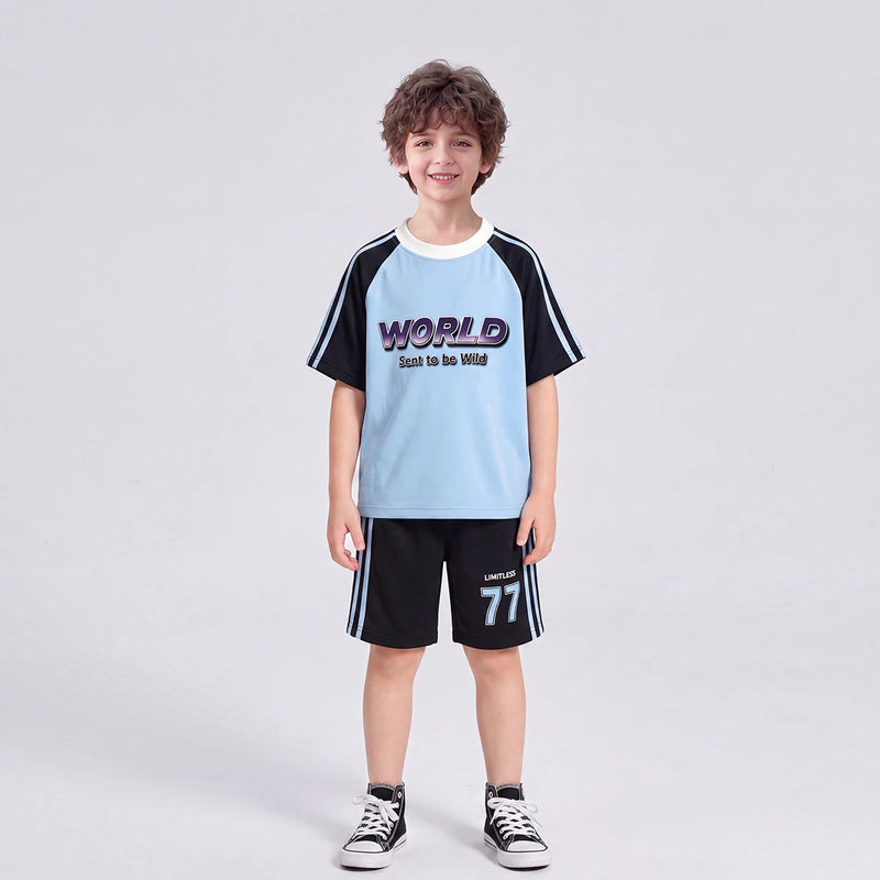 Boys Blue Typography Print Raglan Sleeve T-Shirt With Shorts Sets 2 pc. Sets Blue 1-2 Y