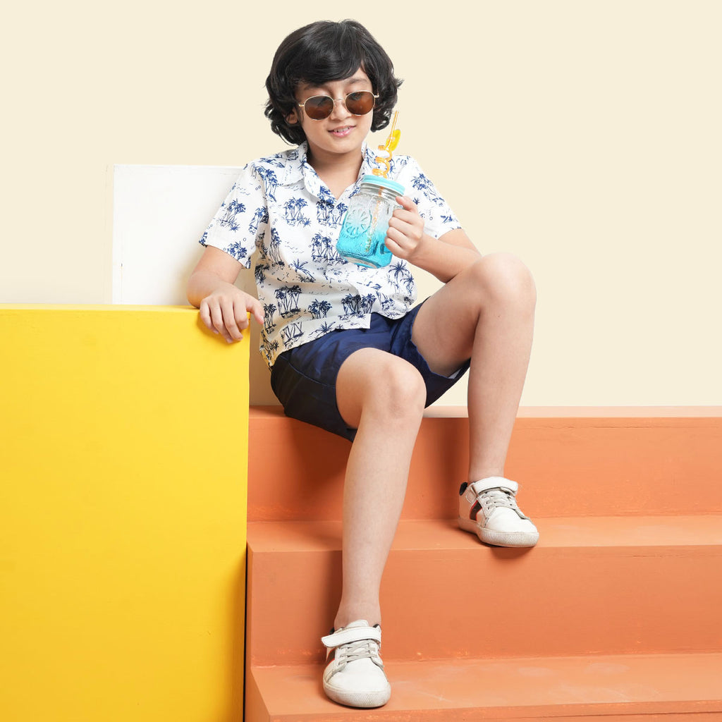 Boys Navy Printed Short Sleeve Shirt With Elasticated Shorts Set 2 pc. Sets