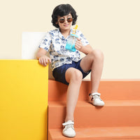 Boys Navy Printed Short Sleeve Shirt With Elasticated Shorts Set 2 pc. Sets
