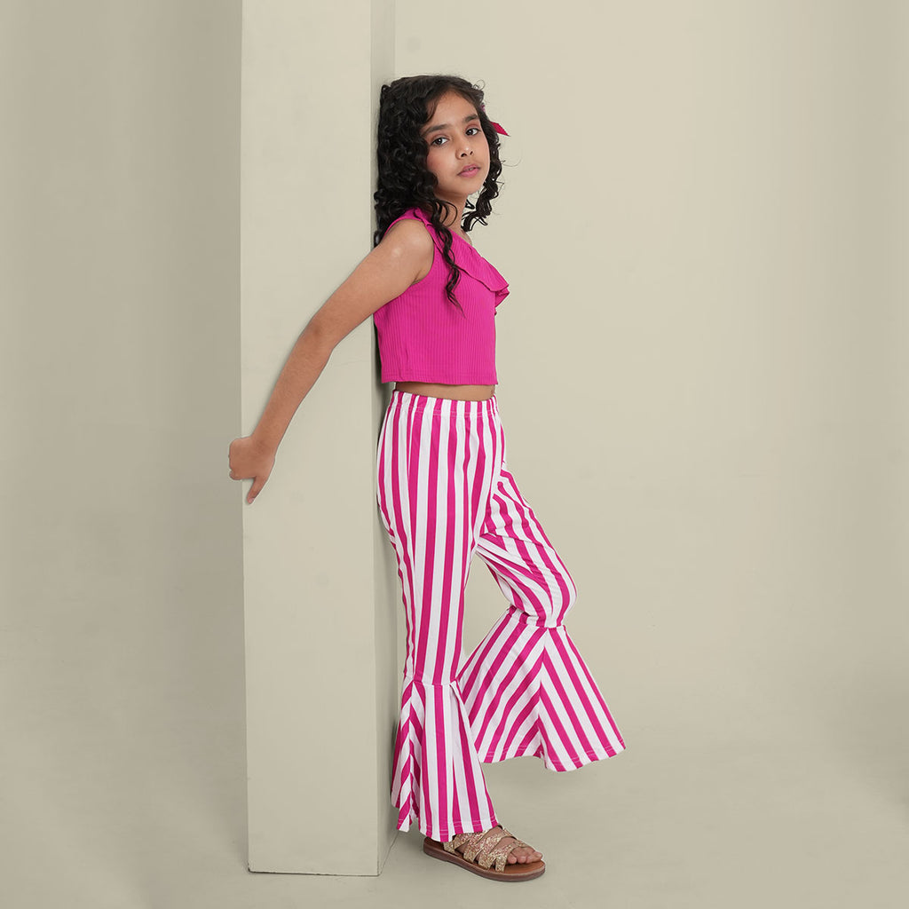 Girls Dark Pink One Shoulder Crop Top With Striped flared Pants Set 2 pc. Sets