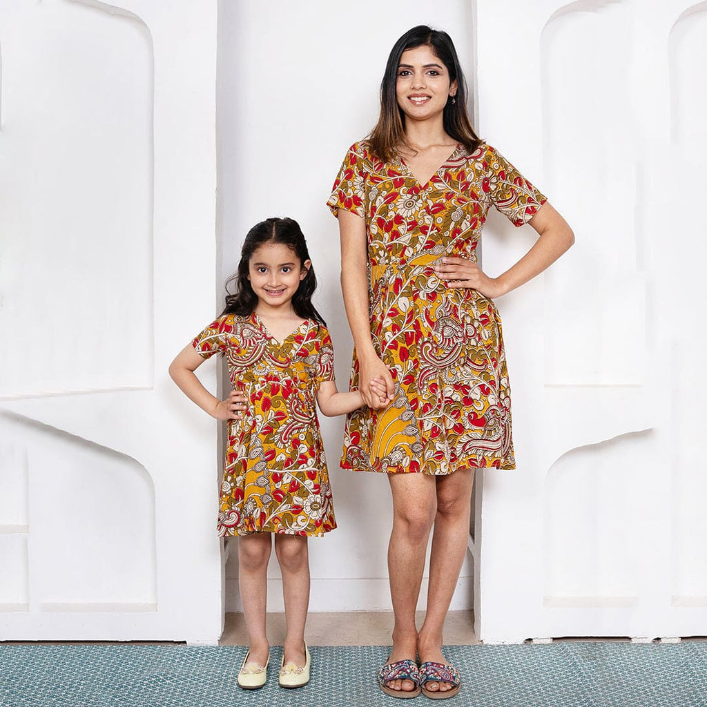 Mustard Floral Print Kimono Style Mom & Daughter Dress Set