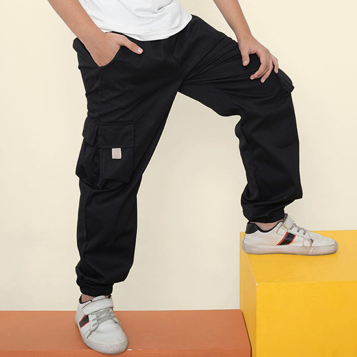 Boys Black Elasticated Cargos Joggers Cargo Pants