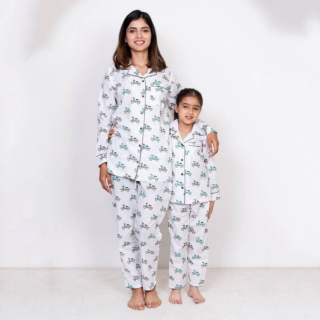 White Printed Mom and Daughter Night Suit Set